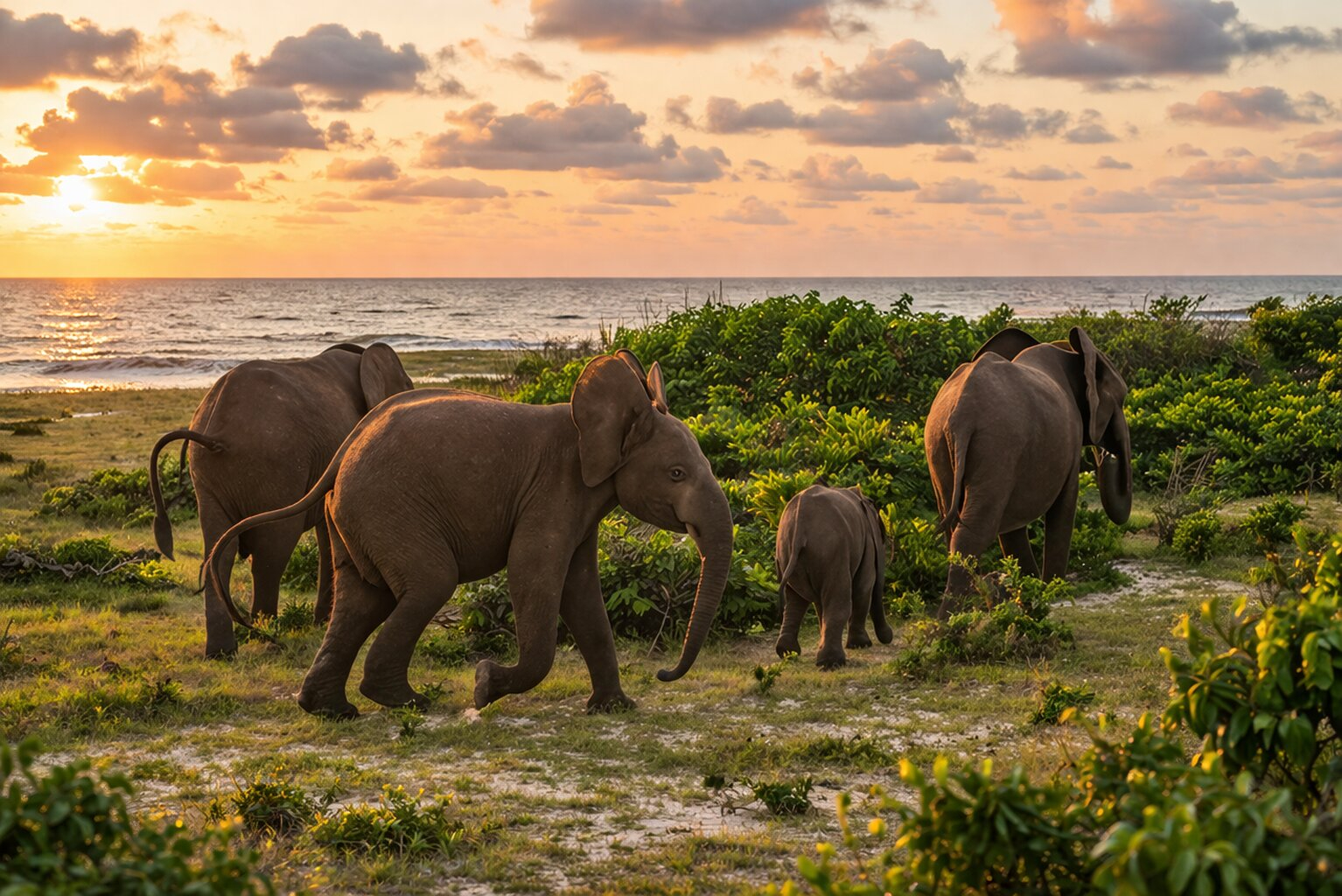 Elephants At Sunset By The Sea