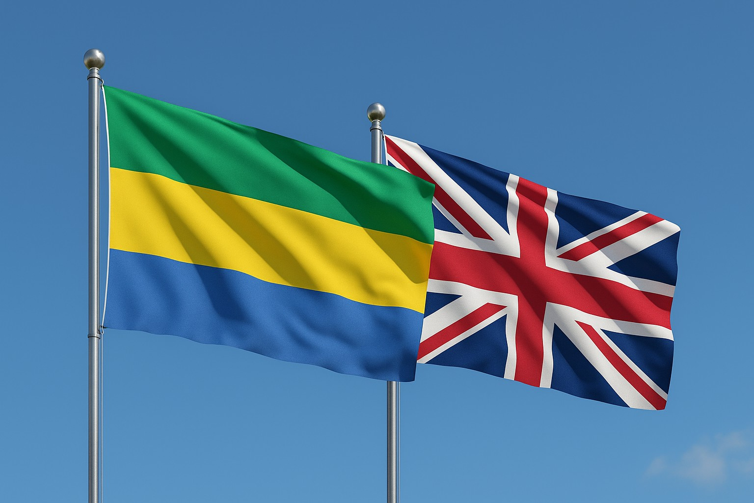 Gabon and UK flags waving together