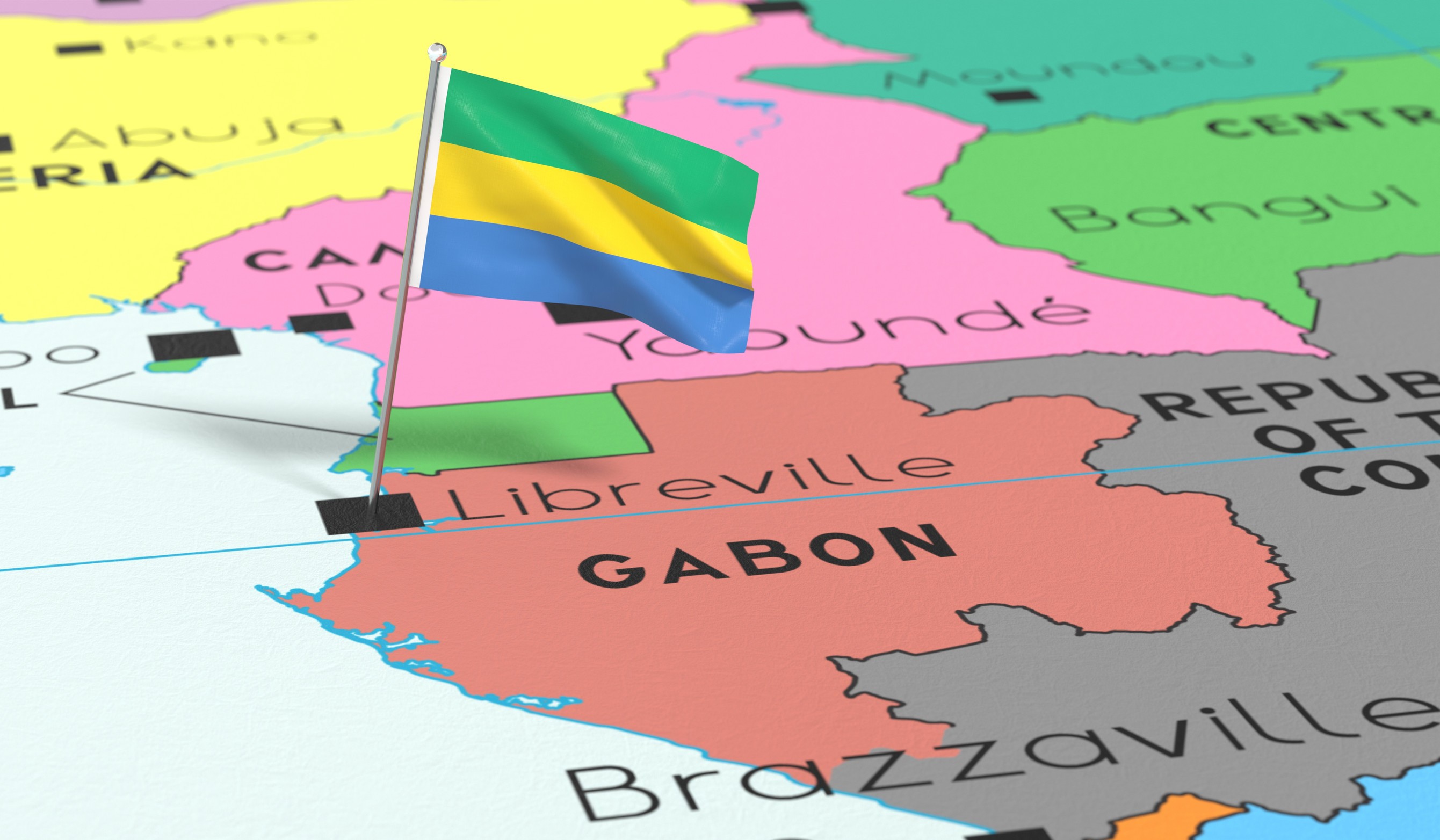 Gabon flag pinned on Libreville map