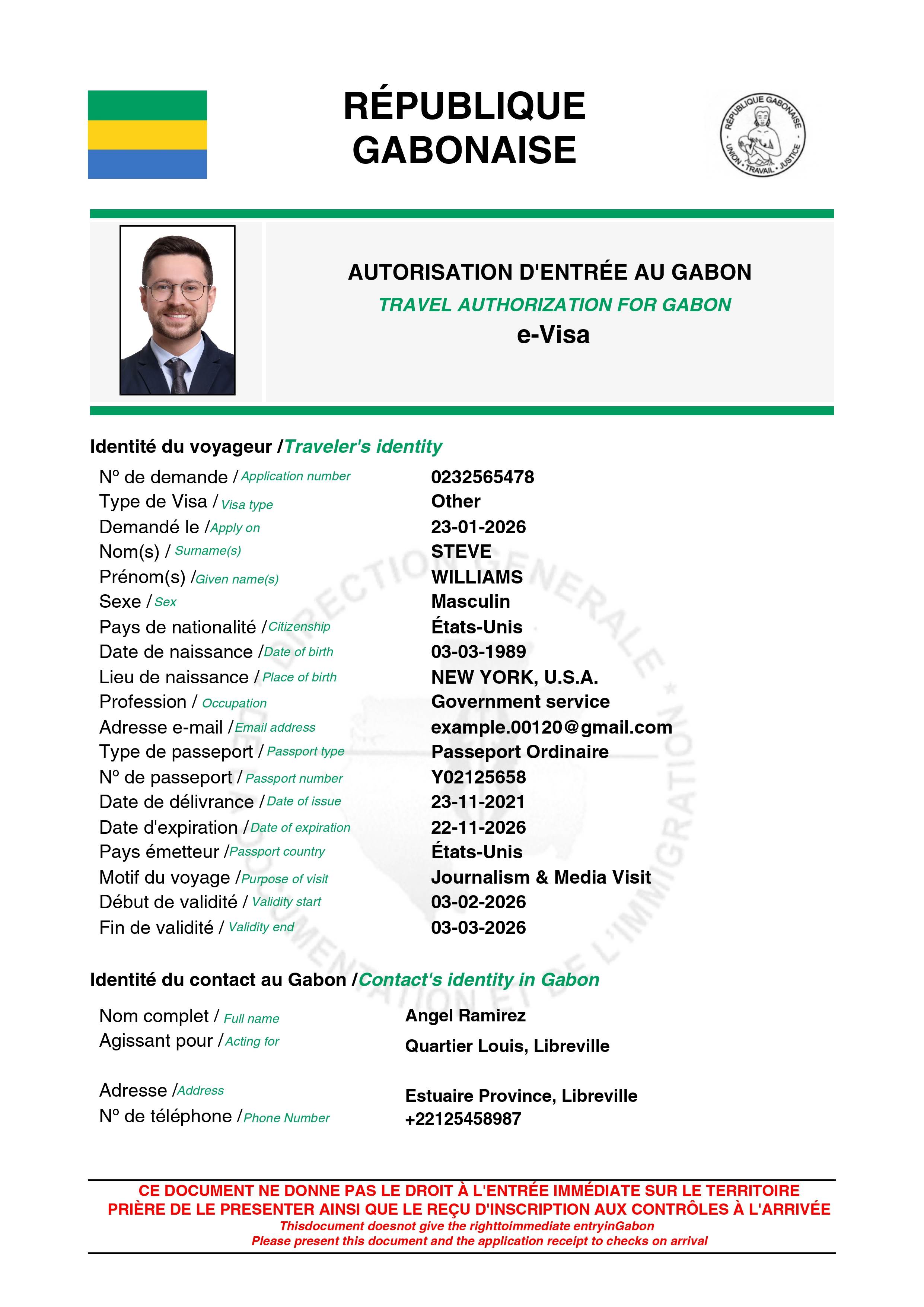 Gabon Journalist eVisa Sample