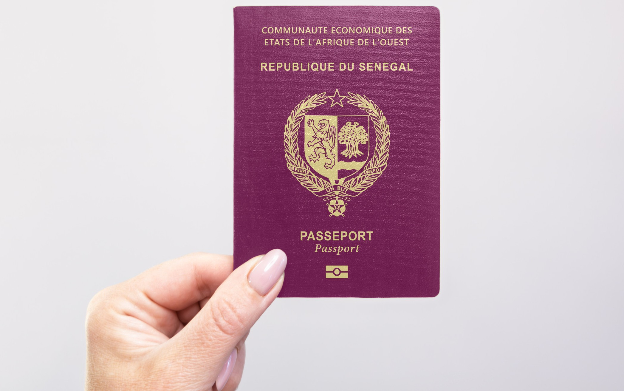 Hand holding Senegal passport close-up