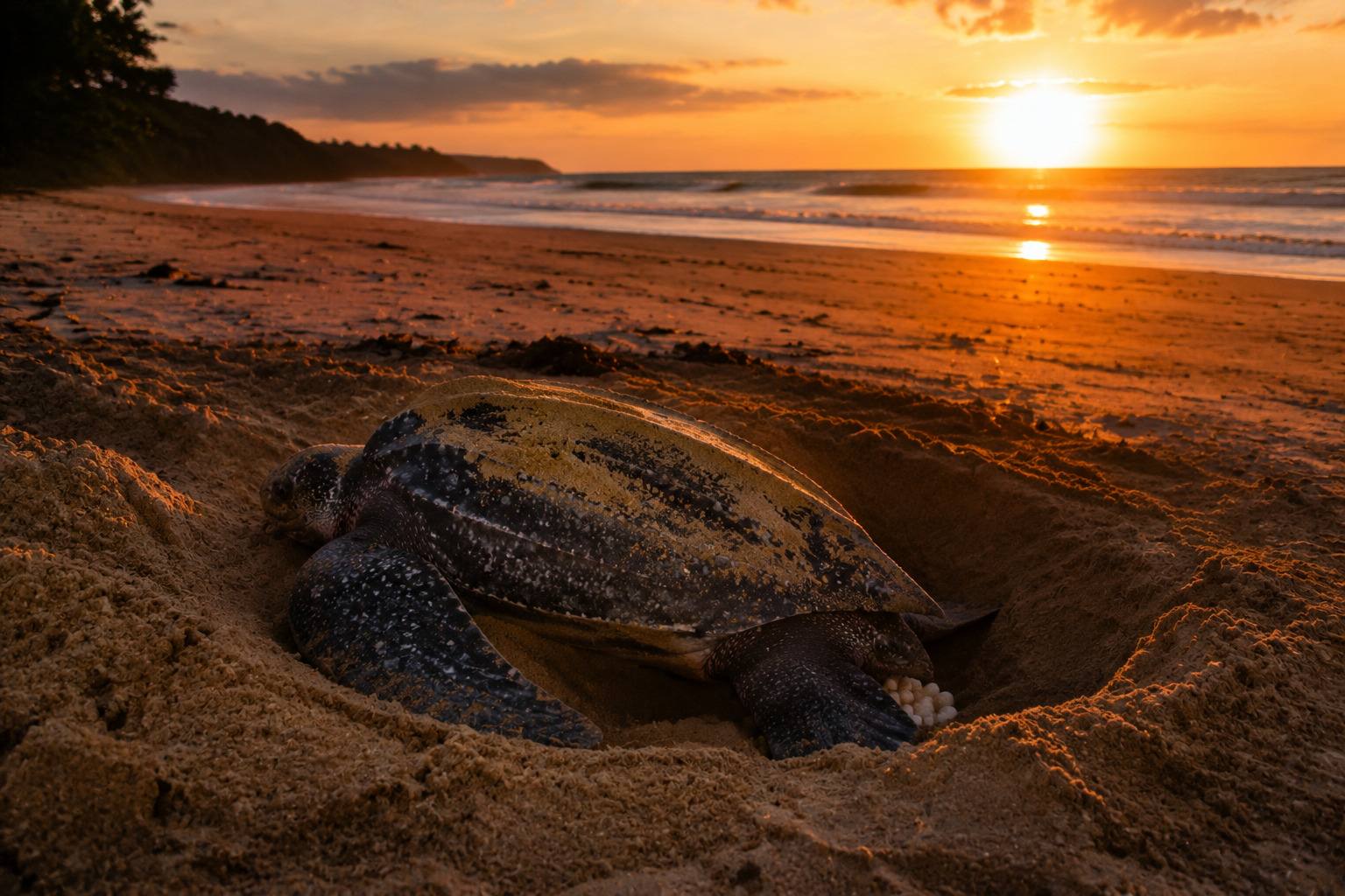 Leatherback Turtle Laying Eggs Under The Evening Sky