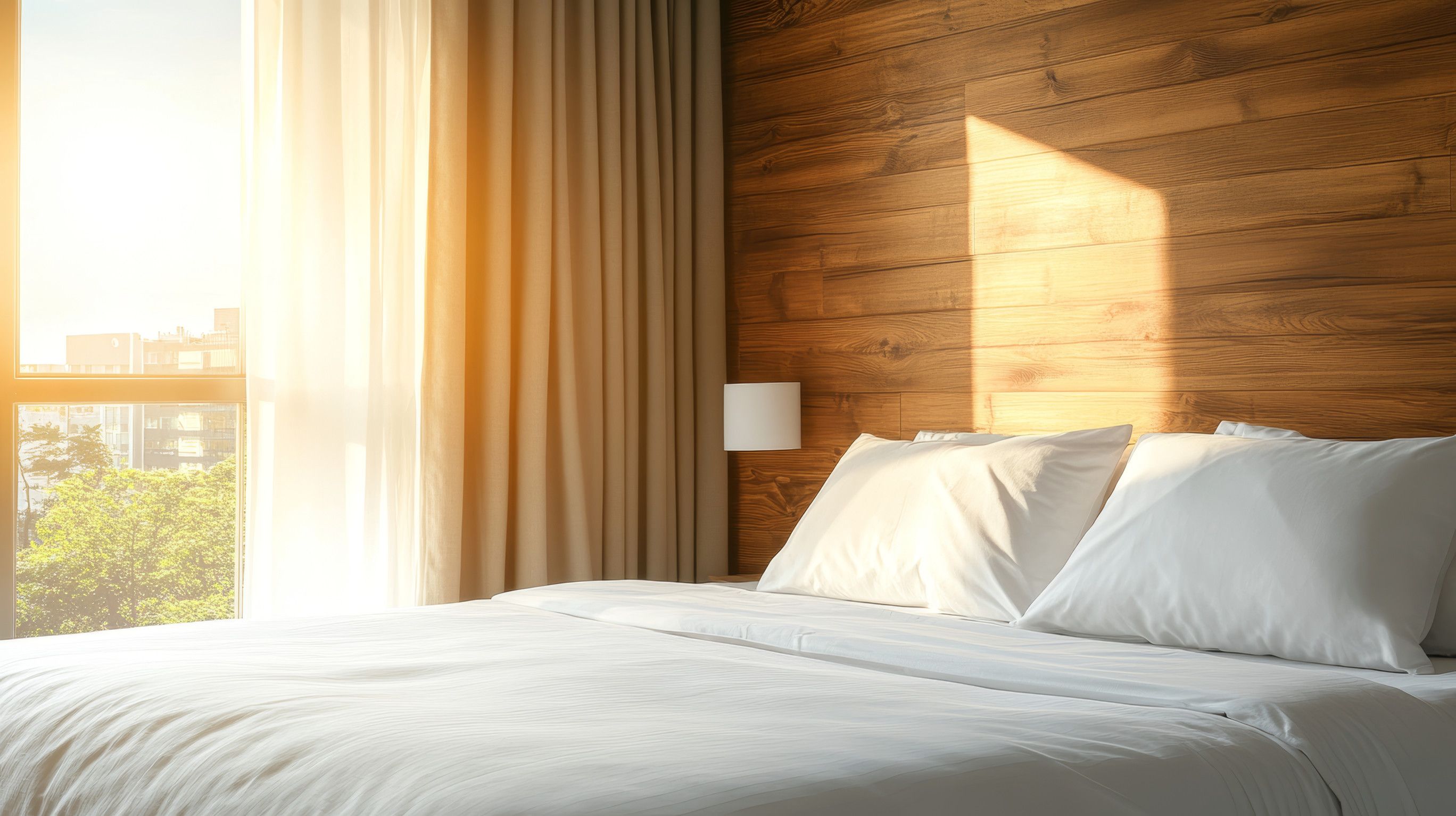 Sunlit cozy bed with white pillows