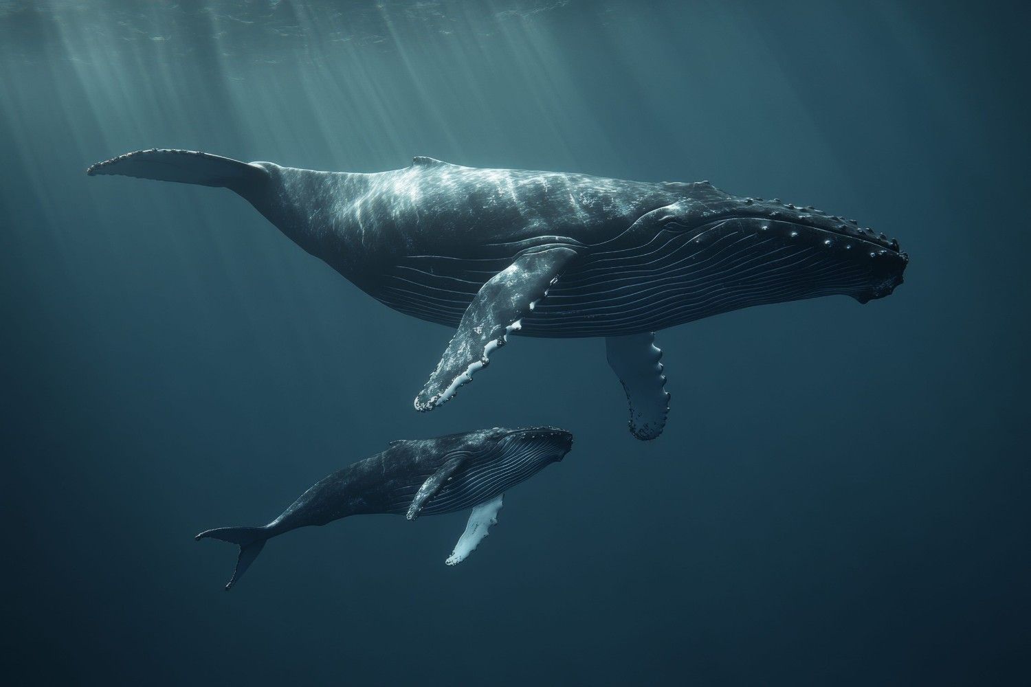 Underwater Scene Of A Mother Humpback Whale And Her Calf